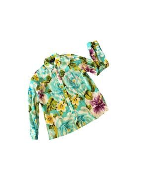 Jones NY Top Womens Size M Blue Floral Lightweight Long Sleeve Roll Tab Turquois